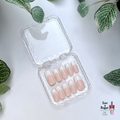Set of square handmade custom light pink deep french press on nails in a clear plastic case on a white background with green leaves.